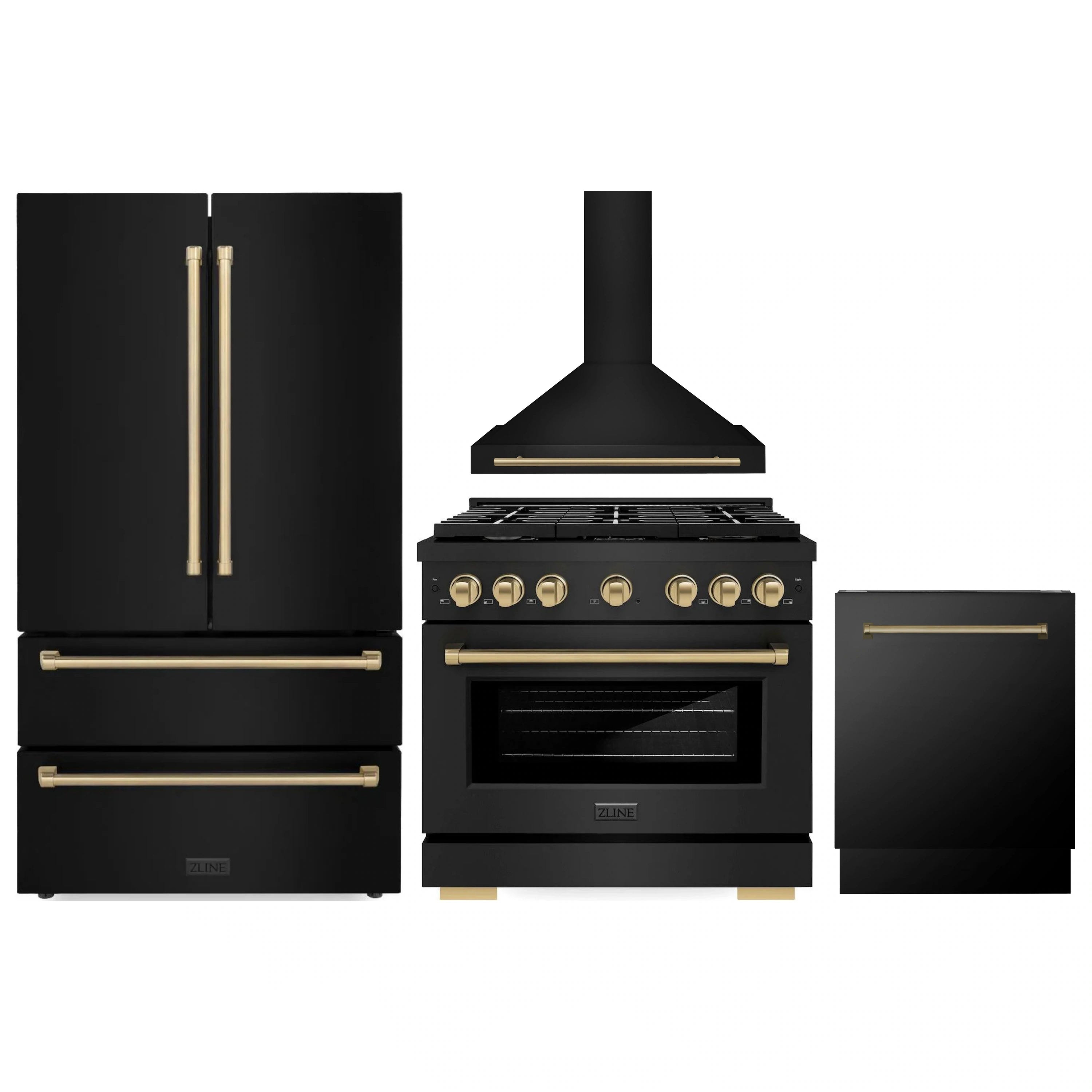 Black stainless appliance package with gas range, wall hood, and French door refrigerator