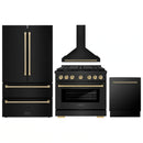ZLINE 4-Piece Appliance Package - 36-Inch Paramount Gas Range, Wall Mount Range Hood, 36-Inch French Door Refrigerator, Dishwasher, in Black Stainless Steel with Champagne Bronze Accents
