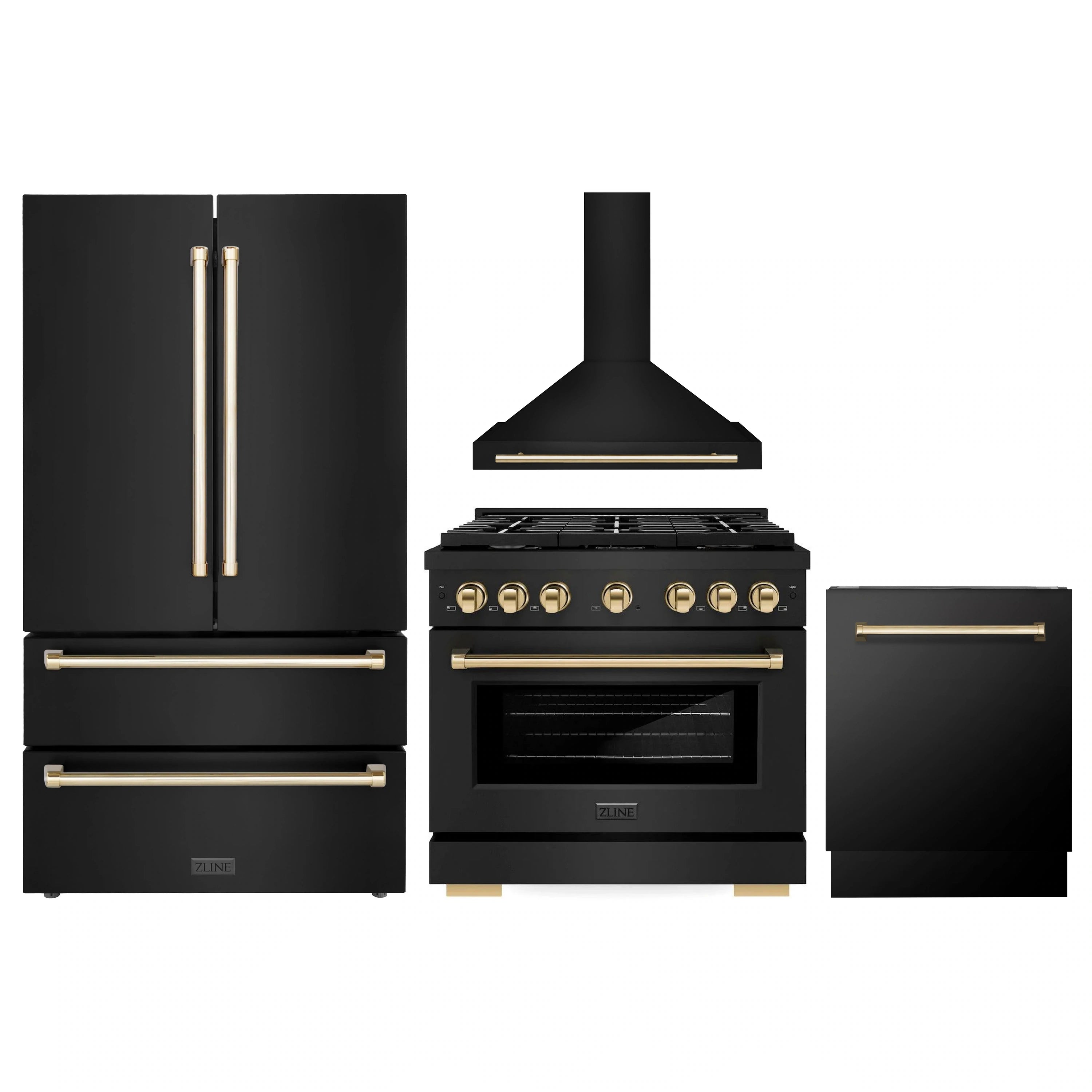 4-piece black appliance package with gold accents: gas range, hood, refrigerator, dishwasher.