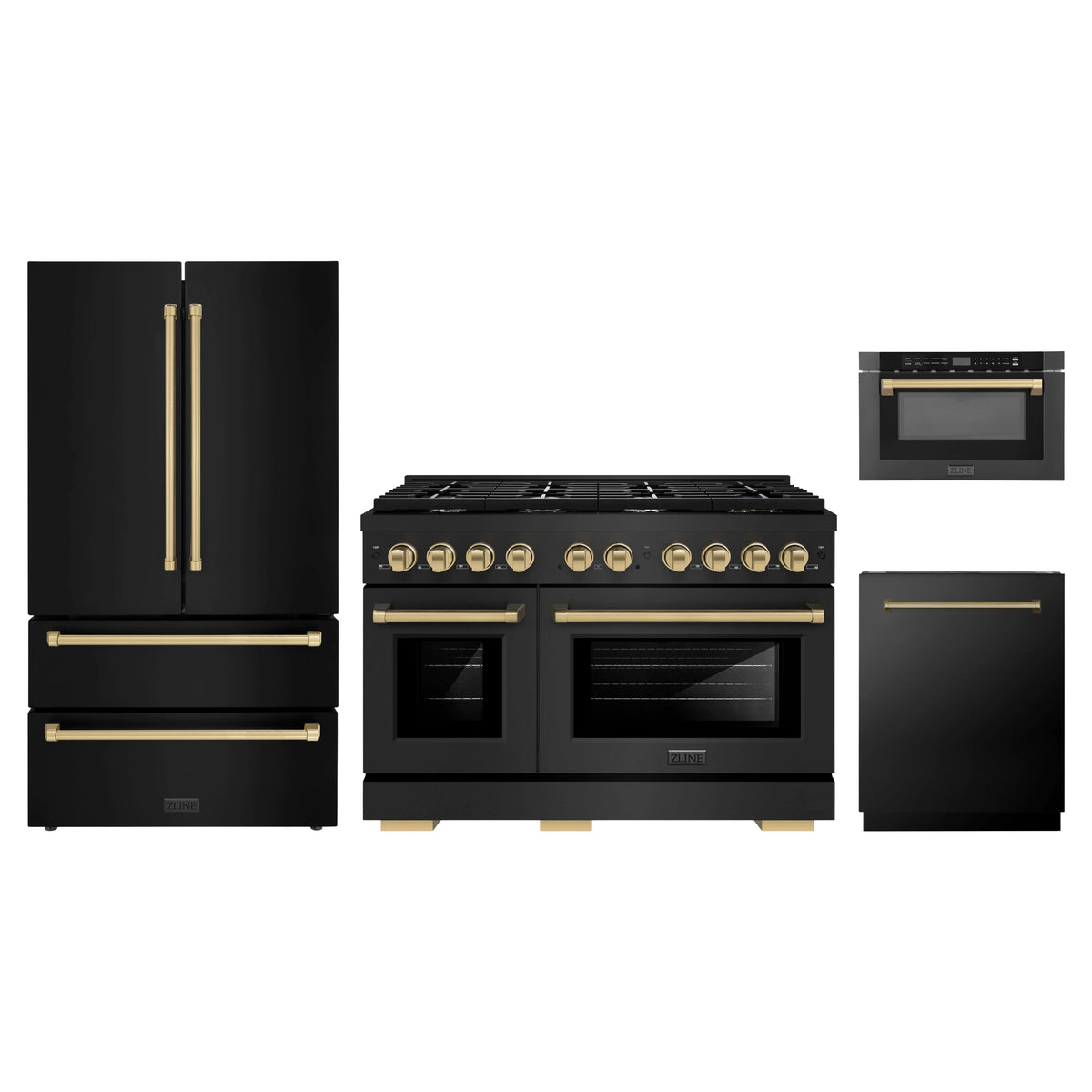 ZLINE 4-Piece Appliance Package - 48-Inch Paramount Gas Range, Refrigerator, Dishwasher, and 24-Inch Microwave Drawer in Black Stainless Steel with Champagne Bronze Accents