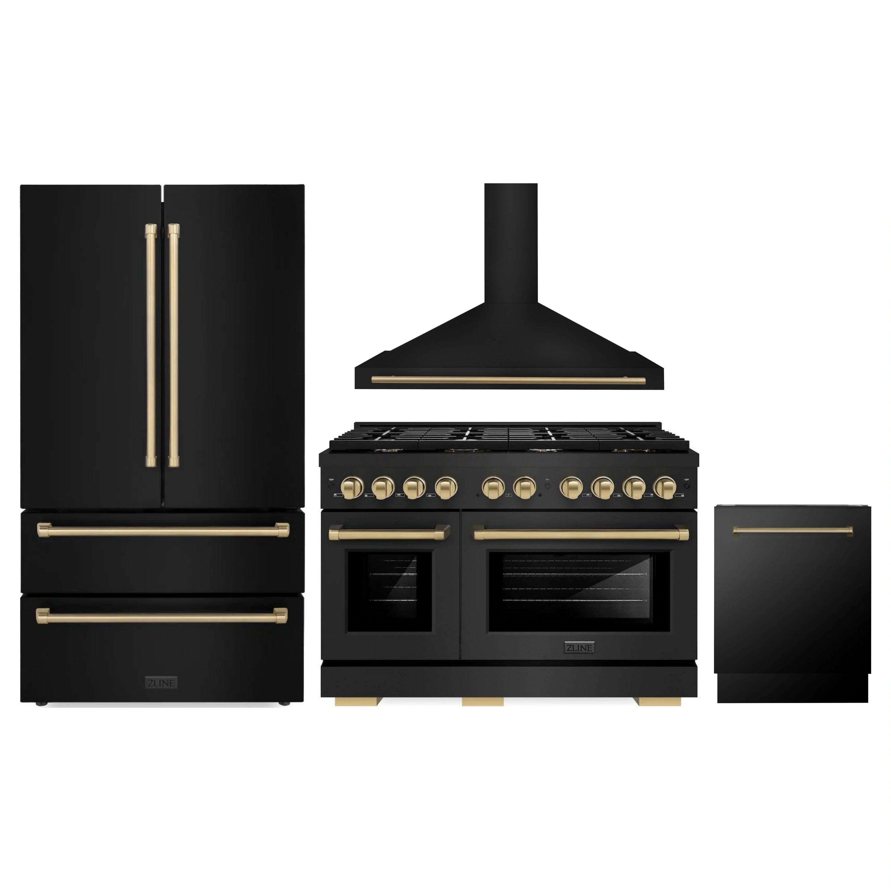 Black stainless 4-piece appliance set with champagne bronze accents: range, hood, fridge, dishwasher