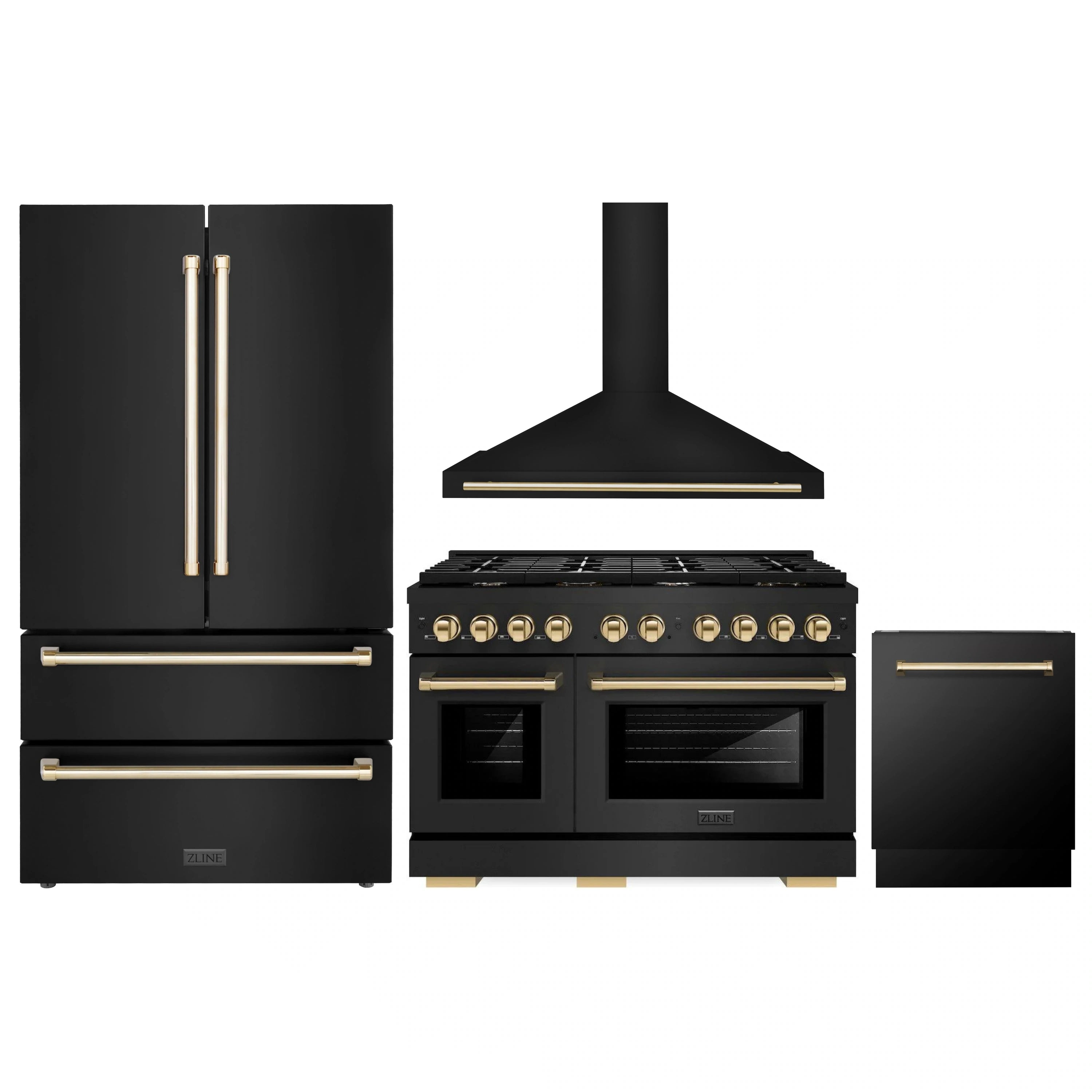 Black stainless steel appliance package with gold accents: refrigerator, gas range and hood