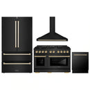 ZLINE 4-Piece Appliance Package - 48-Inch Paramount Gas Range, Wall Mount Range Hood, 36-Inch French Door Refrigerator, Dishwasher, in Black Stainless Steel with Gold Accents