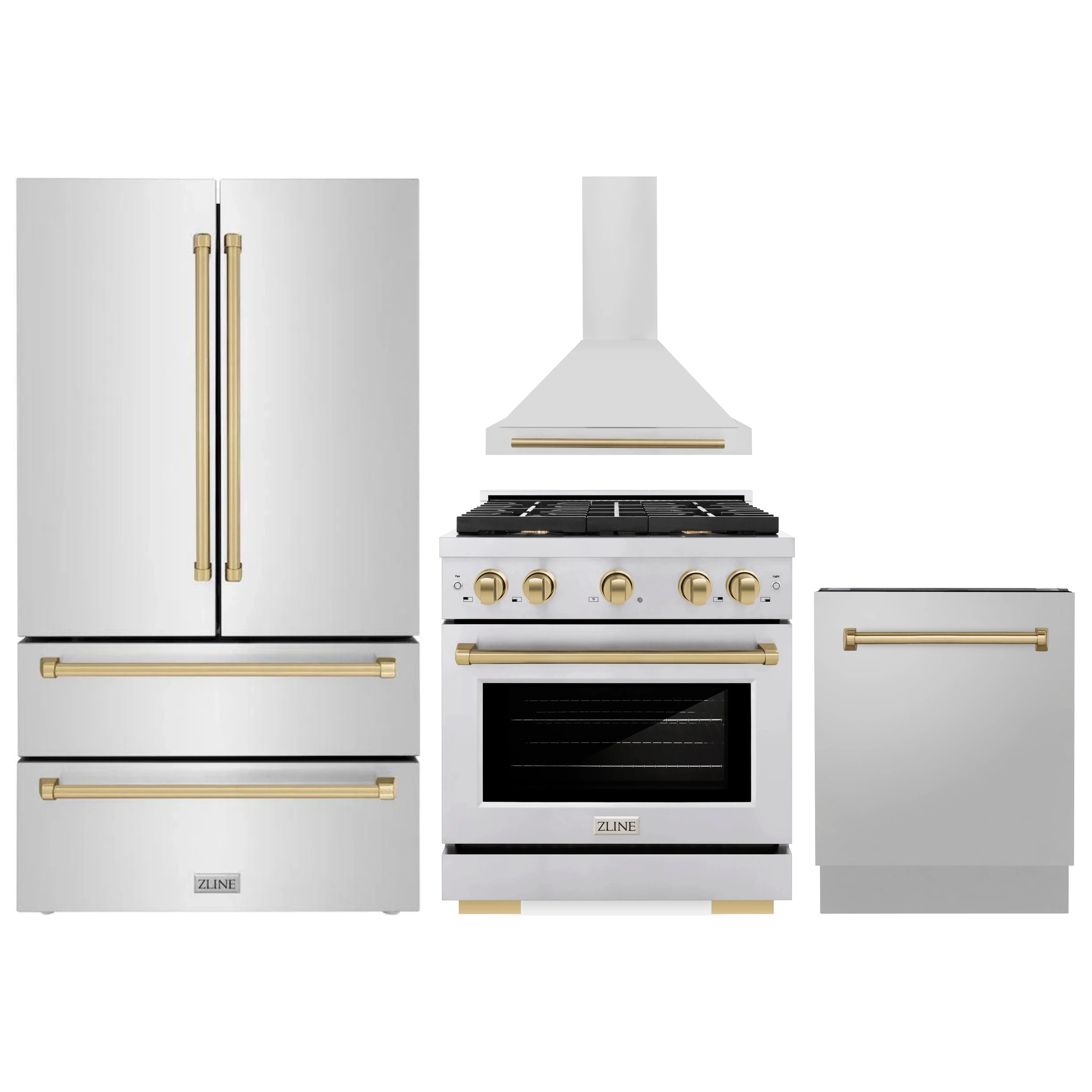 Stainless steel appliance set with gas range, oven, and wall hood with gold accents