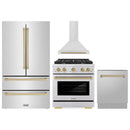 ZLINE 4-Piece Appliance Package - 30-Inch Paramount Autograph Gas Range, Wall Mount Range Hood, 36-Inch French Door Refrigerator, Dishwasher, in Stainless Steel with Champagne Bronze Accents