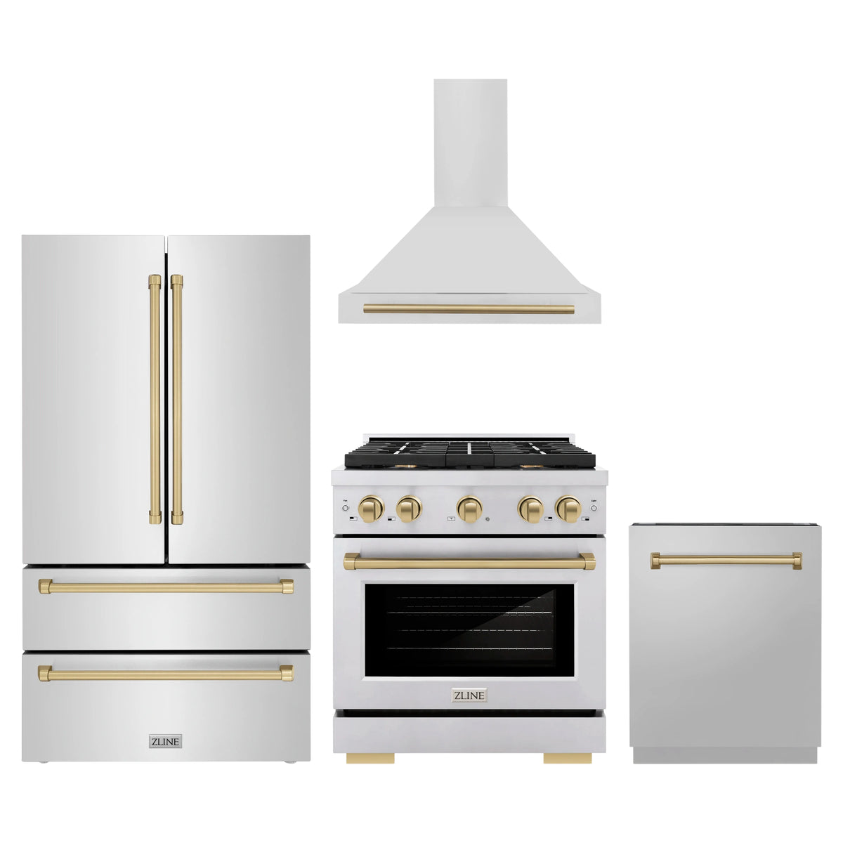 ZLINE 4-Piece Appliance Package - 30-Inch Paramount Autograph Gas Range, Wall Mount Range Hood, 36-Inch French Door Refrigerator, Dishwasher, in Stainless Steel with Champagne Bronze Accents