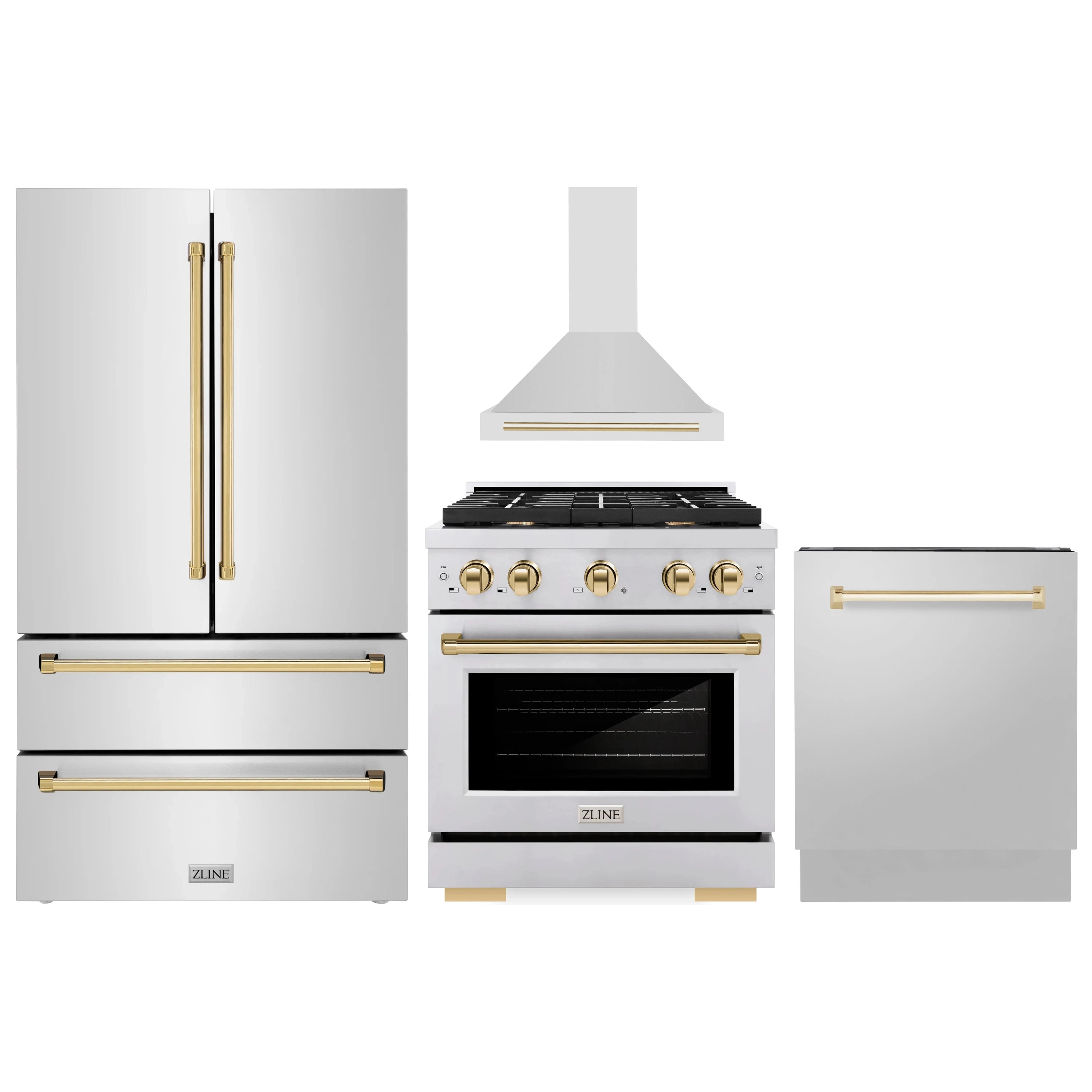 Stainless appliance set featuring refrigerator, gas range, and wall hood with gold accents