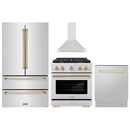 ZLINE 4-Piece Appliance Package - 30-Inch Paramount Autograph Gas Range, Wall Mount Range Hood, 36-Inch French Door Refrigerator, Dishwasher, in Stainless Steel with Gold Accents