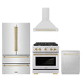 ZLINE 4-Piece Appliance Package - 30-Inch Paramount Autograph Gas Range, Wall Mount Range Hood, 36-Inch French Door Refrigerator, Dishwasher, in Stainless Steel with Gold Accents