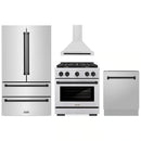 ZLINE 4-Piece Appliance Package - 30-Inch Paramount Autograph Gas Range, Wall Mount Range Hood, 36-Inch French Door Refrigerator, Dishwasher, in Stainless Steel with Matte Black Accents