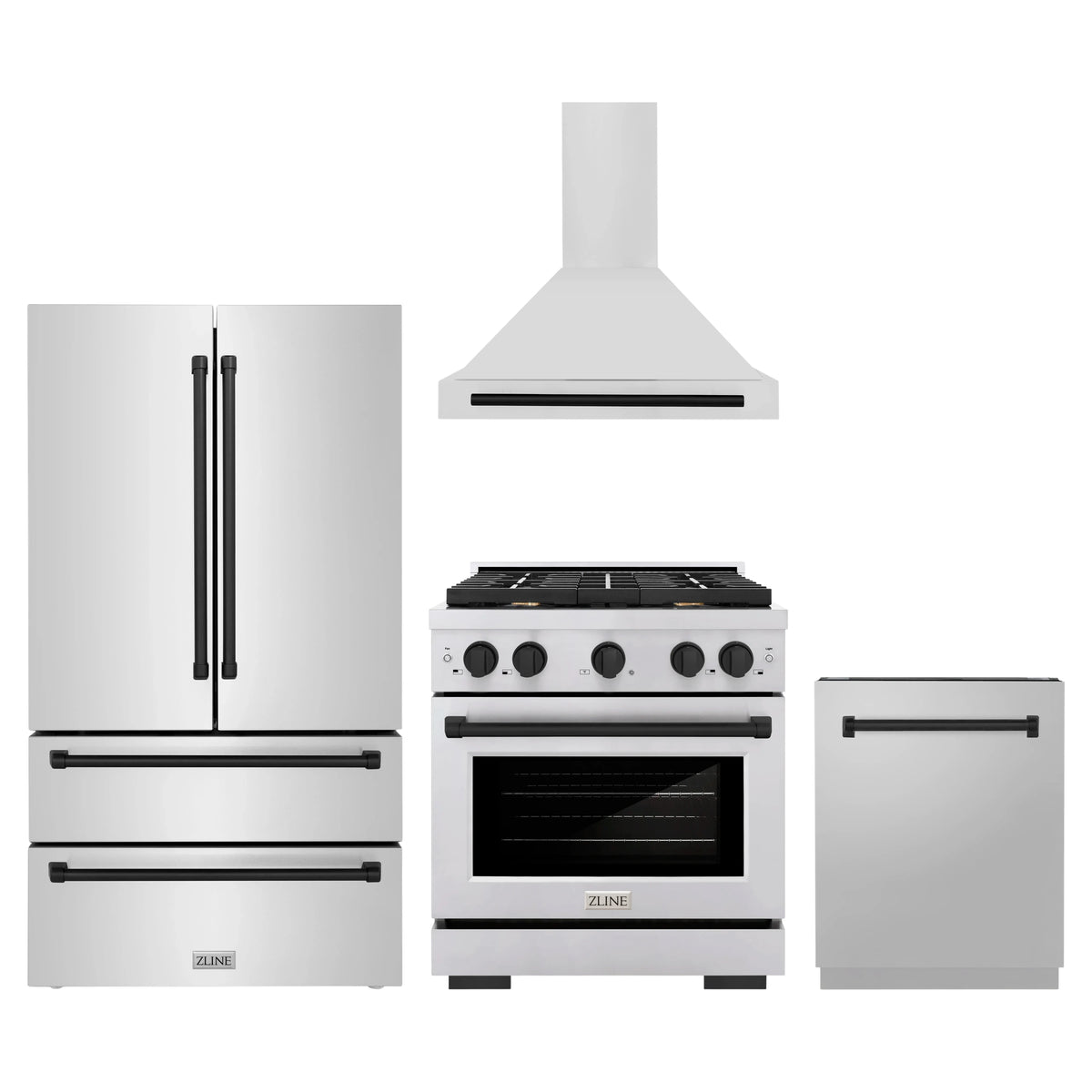 ZLINE 4-Piece Appliance Package - 30-Inch Paramount Autograph Gas Range, Wall Mount Range Hood, 36-Inch French Door Refrigerator, Dishwasher, in Stainless Steel with Matte Black Accents