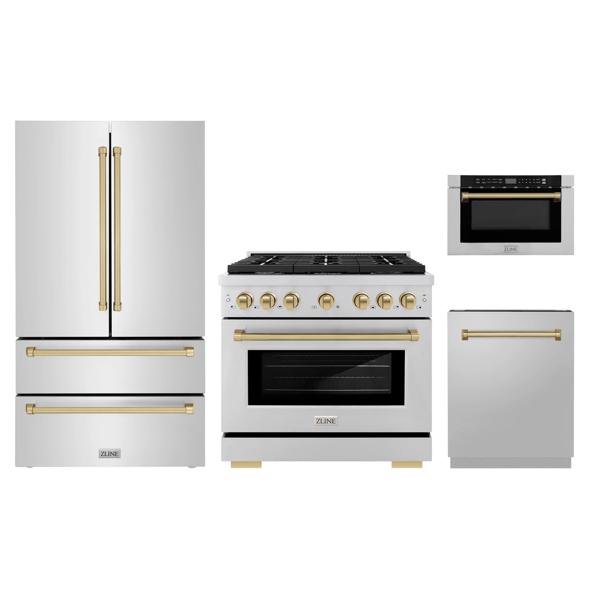 ZLINE 4-Piece Appliance Package - 36-Inch Paramount Gas Range, Refrigerator, Dishwasher, and 24-Inch Microwave Drawer in Stainless Steel with Champagne Bronze Accents