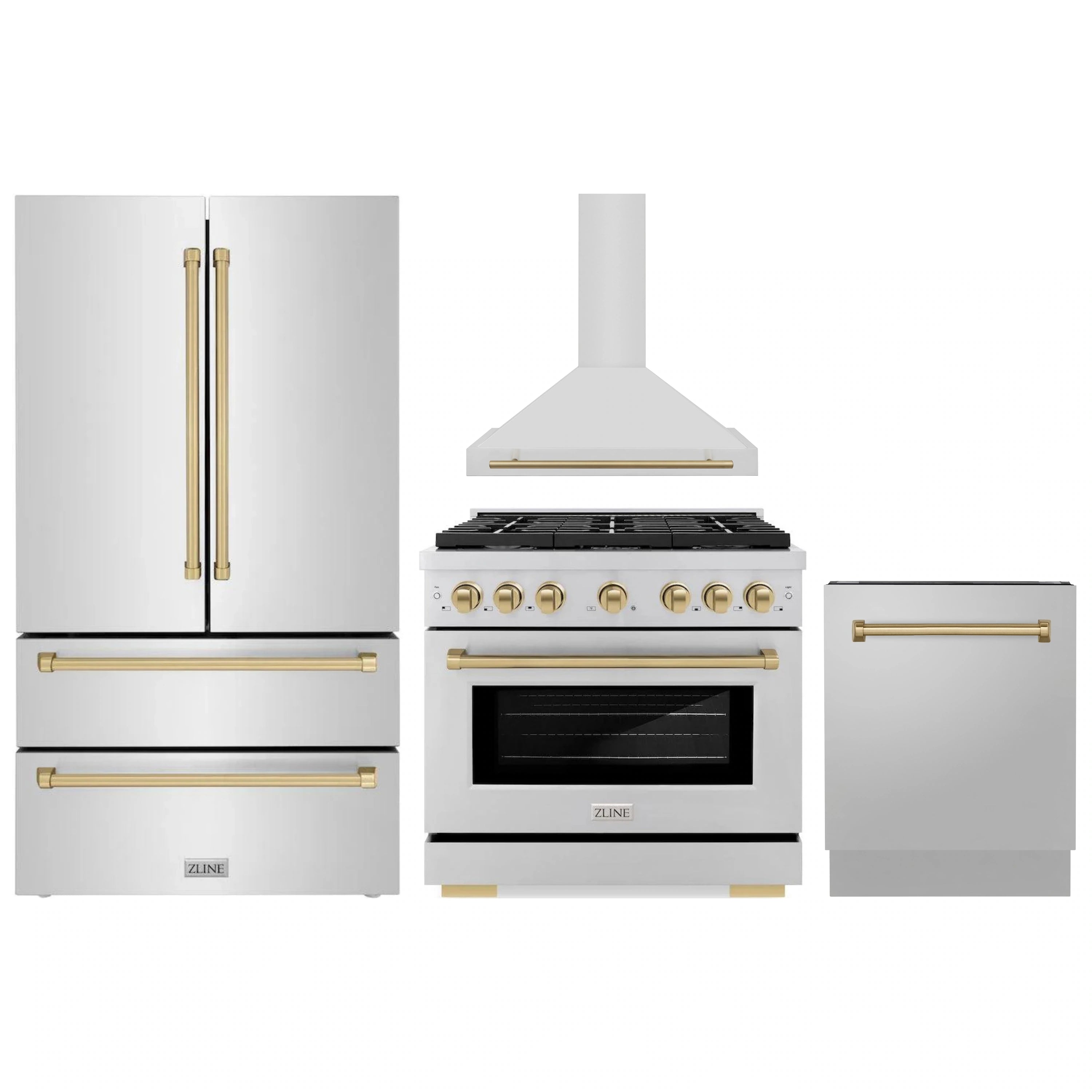 Stainless appliance package with champagne bronze accents: range hood, range, fridge, dishwasher