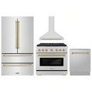 ZLINE 4-Piece Appliance Package - 36-Inch Paramount Autograph Gas Range, Wall Mount Range Hood, 36-Inch French Door Refrigerator, Dishwasher, in Stainless Steel with Champagne Bronze Accents