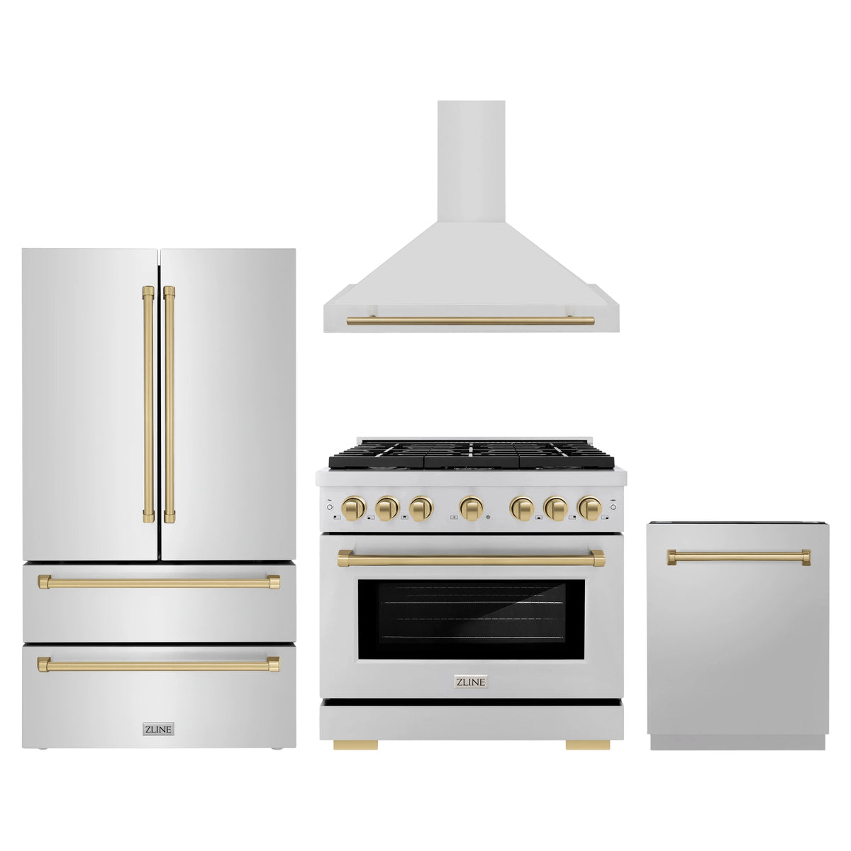 ZLINE 4-Piece Appliance Package - 36-Inch Paramount Autograph Gas Range, Wall Mount Range Hood, 36-Inch French Door Refrigerator, Dishwasher, in Stainless Steel with Champagne Bronze Accents