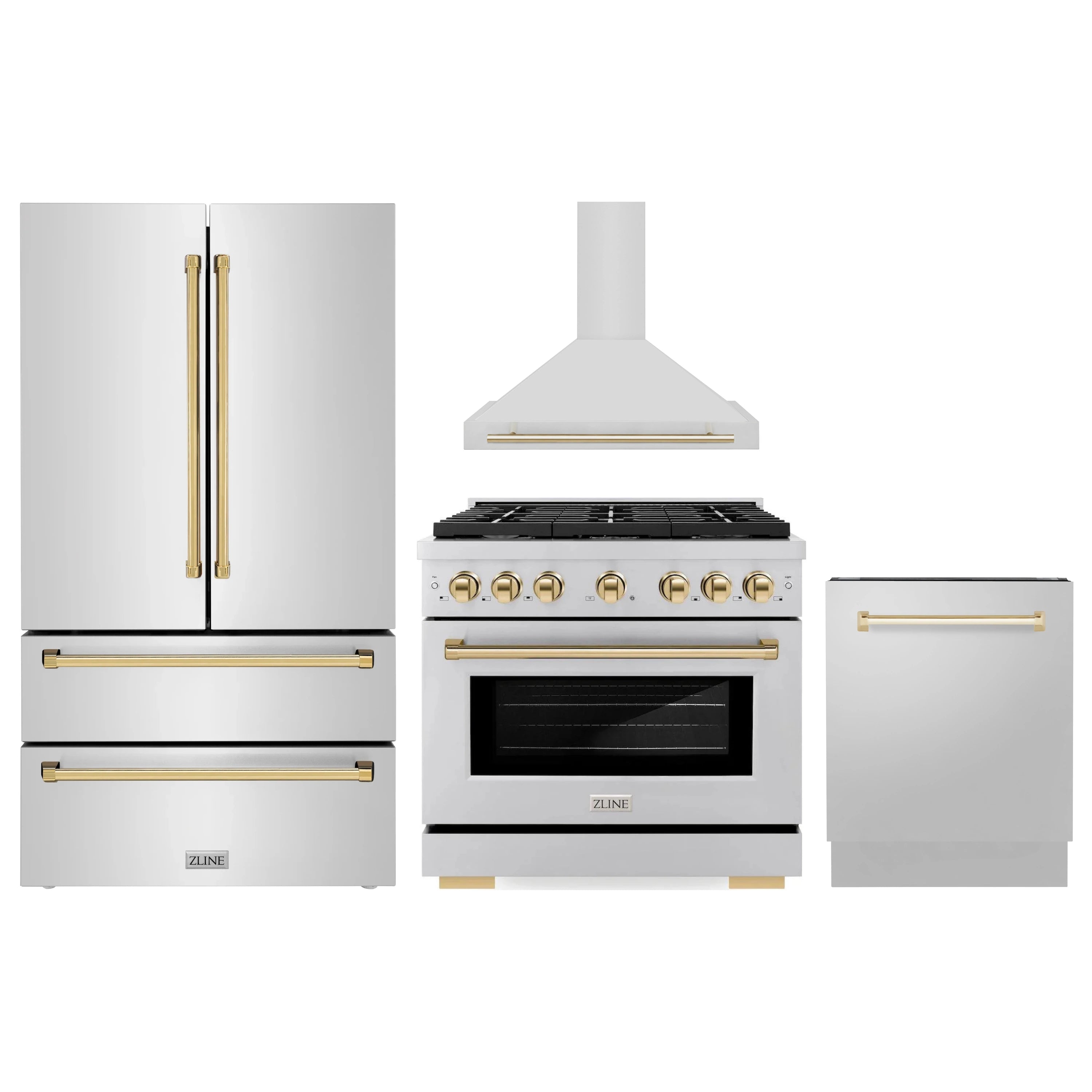 4-piece stainless appliance package with gold accents: range, hood, refrigerator, dishwasher