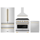 ZLINE 4-Piece Appliance Package - 36-Inch Paramount Autograph Gas Range, Wall Mount Range Hood, 36-Inch French Door Refrigerator, Dishwasher, in Stainless Steel with Gold Accents