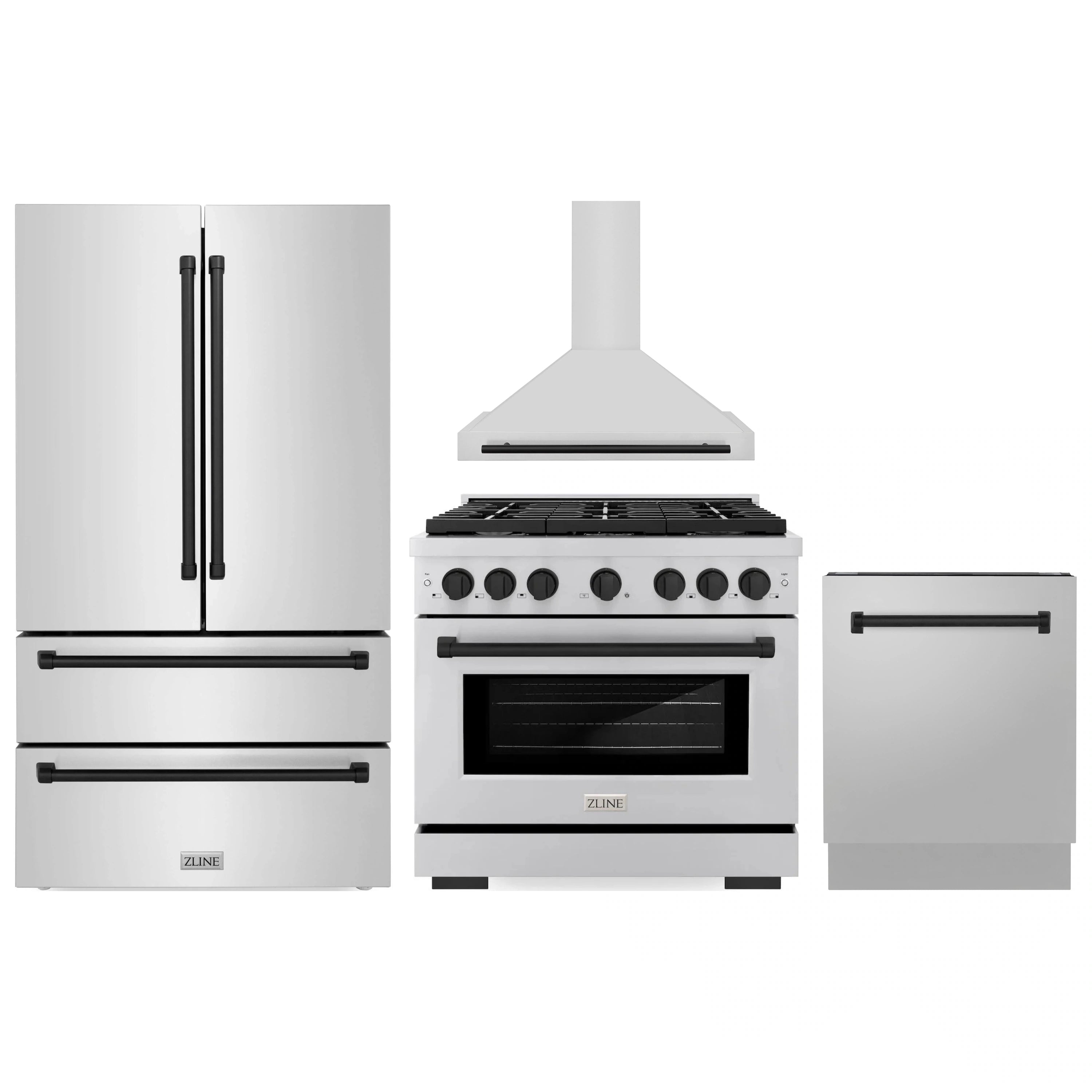 Stainless steel 4-piece appliance set with matte black accents: range, hood, refrigerator, dishwasher