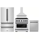 ZLINE 4-Piece Appliance Package - 36-Inch Paramount Autograph Gas Range, Wall Mount Range Hood, 36-Inch French Door Refrigerator, Dishwasher, in Stainless Steel with Matte Black Accents