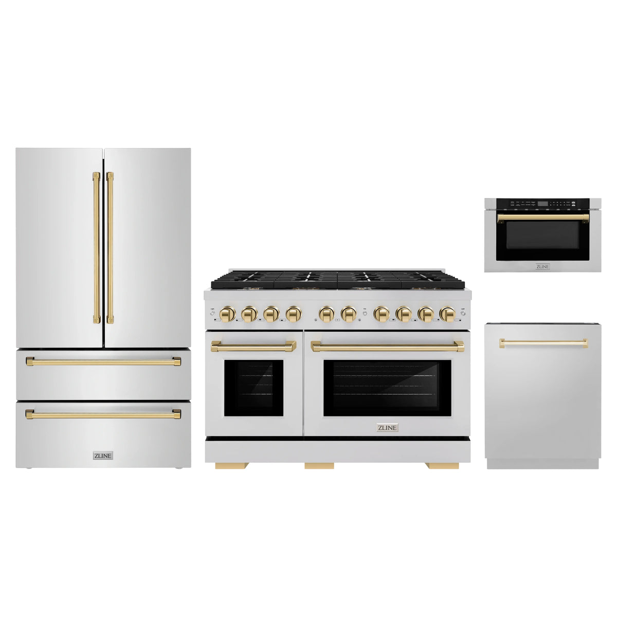 ZLINE 4-Piece Appliance Package - 48-Inch Paramount Gas Range, Refrigerator, Dishwasher, and 24-Inch Microwave Drawer in Stainless Steel with Gold Accents