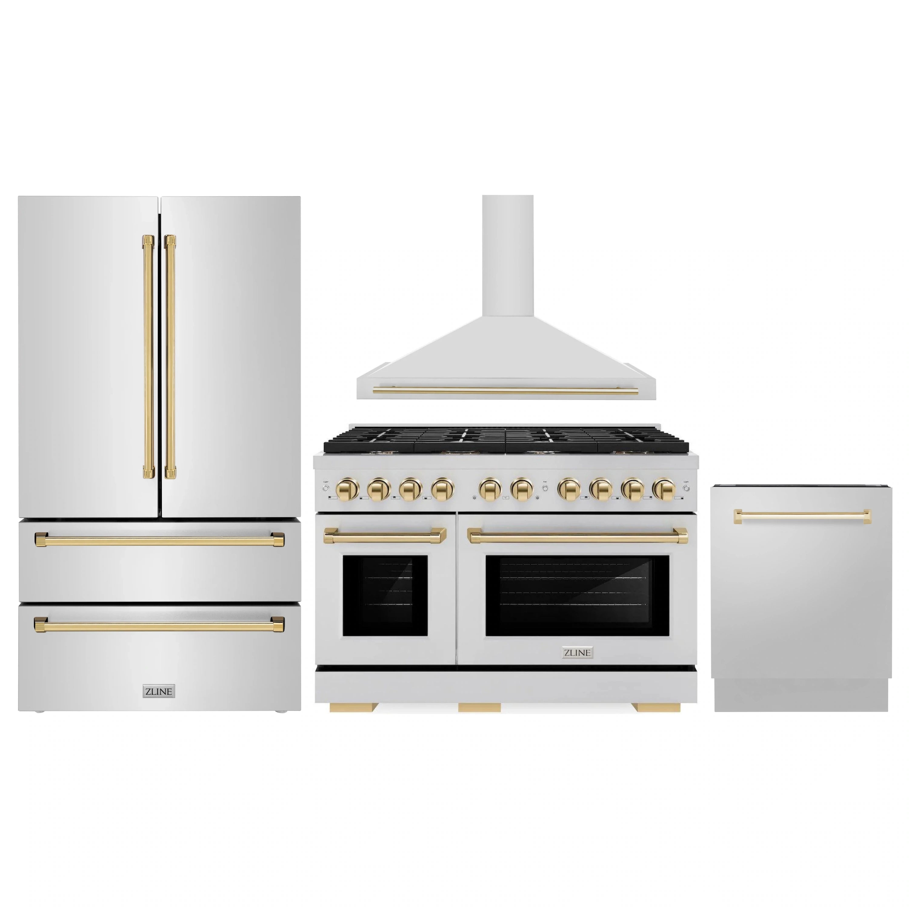 Stainless steel appliance set with French door refrigerator, gas range, and dishwasher