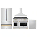 ZLINE 4-Piece Appliance Package - 48-Inch Paramount Autograph Gas Range, Wall Mount Range Hood, 36-Inch French Door Refrigerator, Dishwasher, in Stainless Steel with Gold Accents