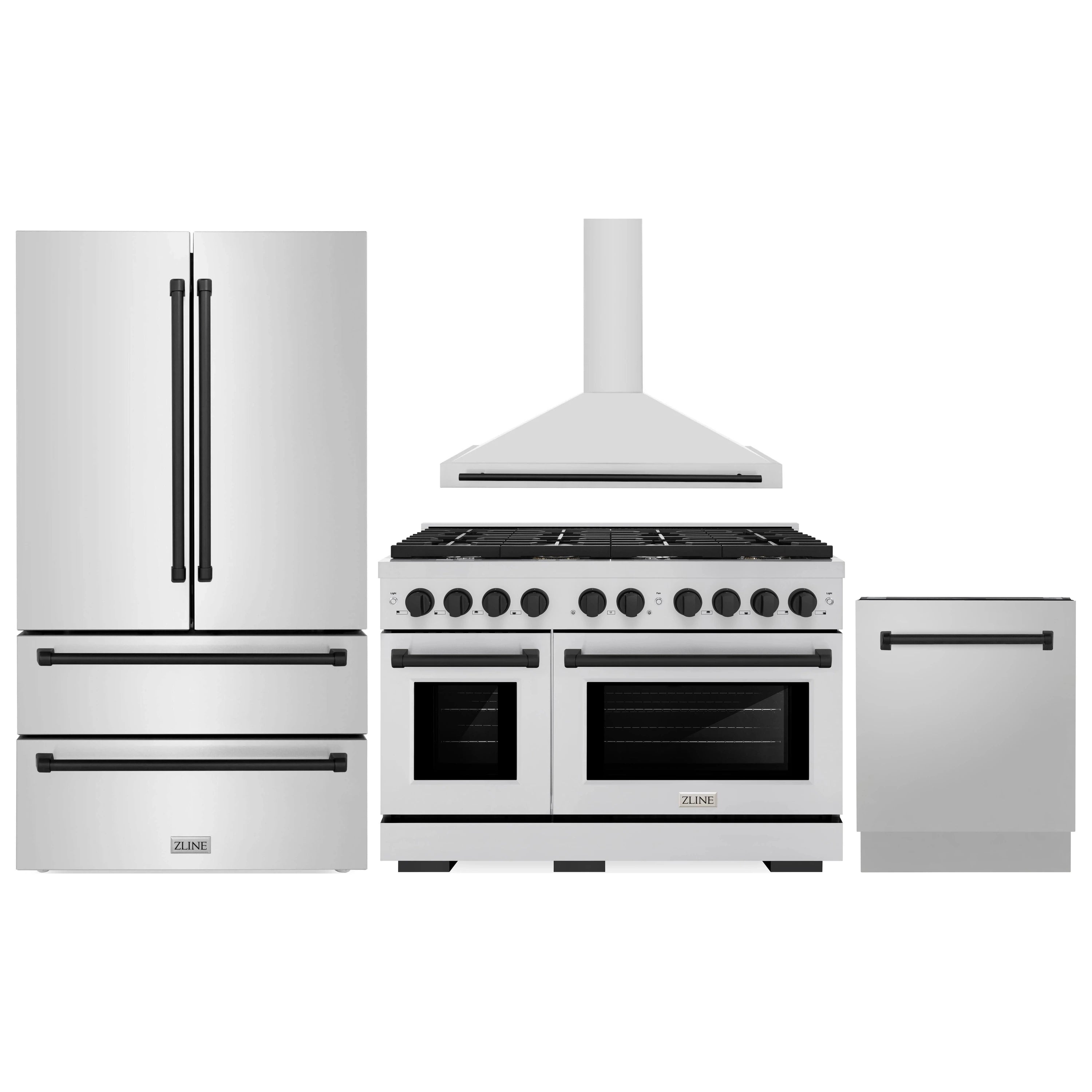 Stainless steel appliance bundle with gas range, wall hood, refrigerator, and dishwasher