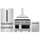 ZLINE 4-Piece Appliance Package - 48-Inch Paramount Autograph Gas Range, Wall Mount Range Hood, 36-Inch French Door Refrigerator, Dishwasher, in Stainless Steel with Matte Black Accents