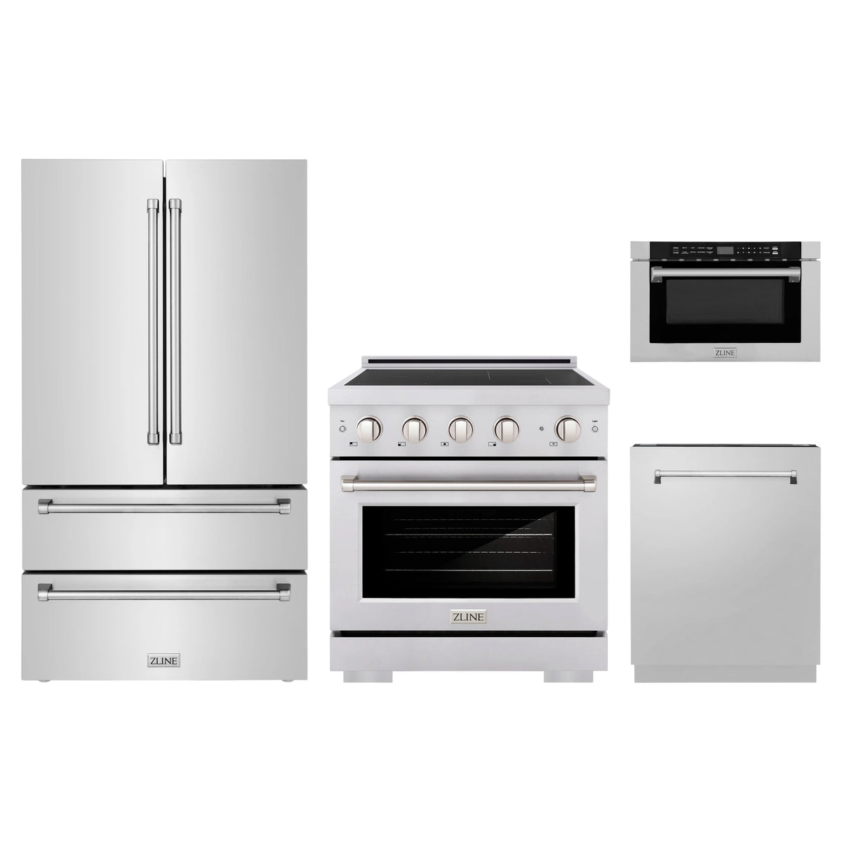 ZLINE 4-Piece Appliance Package - 30-Inch Paramount Induction Range, Refrigerator, Dishwasher, and 24-Inch Microwave Drawer in Stainless Steel