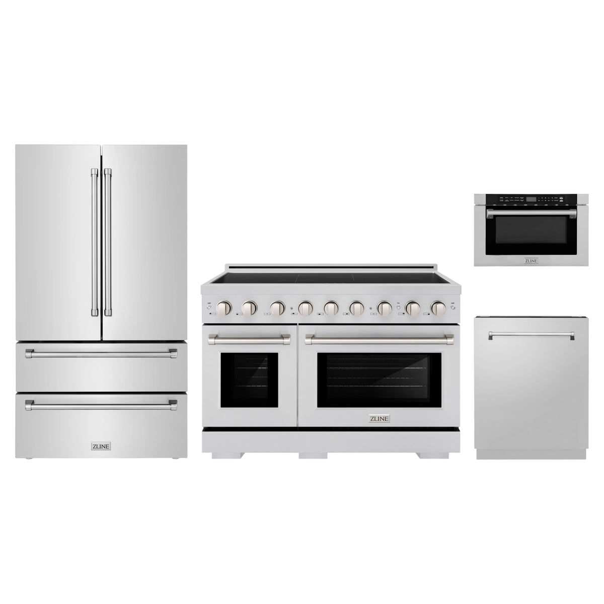 ZLINE 4-Piece Appliance Package - 48-Inch Paramount Induction Range, Refrigerator, Dishwasher, and 24-Inch Microwave Drawer in Stainless Steel