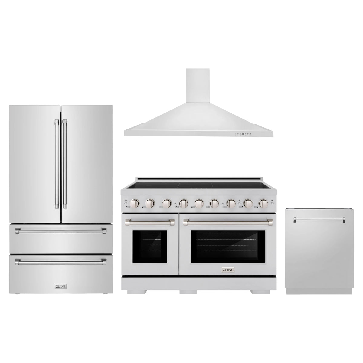 ZLINE 4-Piece Appliance Package - 48-Inch Paramount Induction Range, Wall Mount Range Hood, 36-Inch French Door Refrigerator, and Dishwasher in Stainless Steel