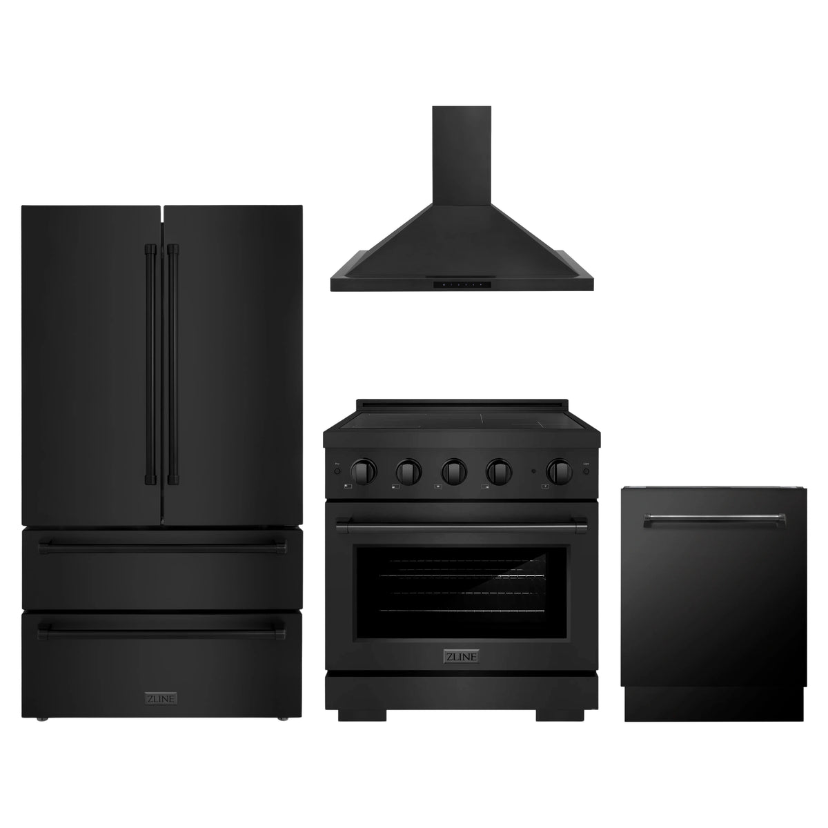 ZLINE 4-Piece Appliance Package - 30-Inch Paramount Induction Range, Wall Mount Range Hood, 36-Inch French Door Refrigerator, and Dishwasher in Black Stainless Steel