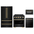 ZLINE 4-Piece Appliance Package - 30-Inch Paramount Induction Range, Refrigerator, Dishwasher, and 24-Inch Microwave Drawer in Black Stainless Steel with Gold Accents