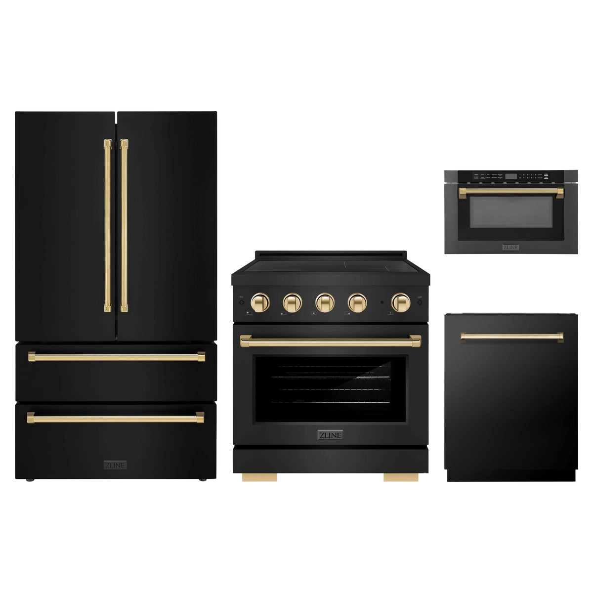 ZLINE 4-Piece Appliance Package - 30-Inch Paramount Induction Range, Refrigerator, Dishwasher, and 24-Inch Microwave Drawer in Black Stainless Steel with Gold Accents