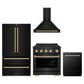 ZLINE 4-Piece Appliance Package - 30-Inch Autograph Edition Induction Range, Wall Mount Range Hood, 36-Inch French Door Refrigerator, and Dishwasher in Black Stainless Steel with Gold Trim