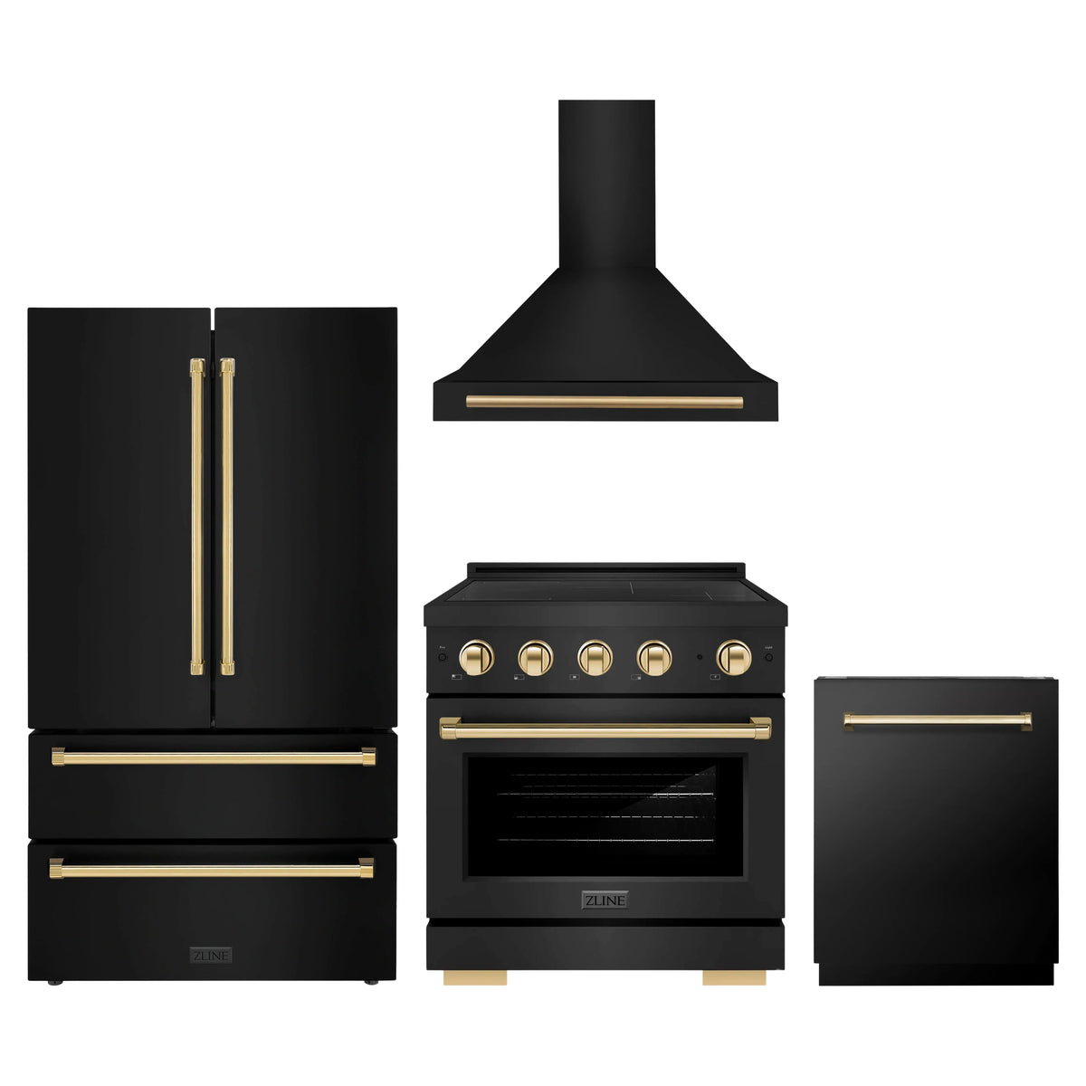 ZLINE 4-Piece Appliance Package - 30-Inch Autograph Edition Induction Range, Wall Mount Range Hood, 36-Inch French Door Refrigerator, and Dishwasher in Black Stainless Steel with Gold Trim