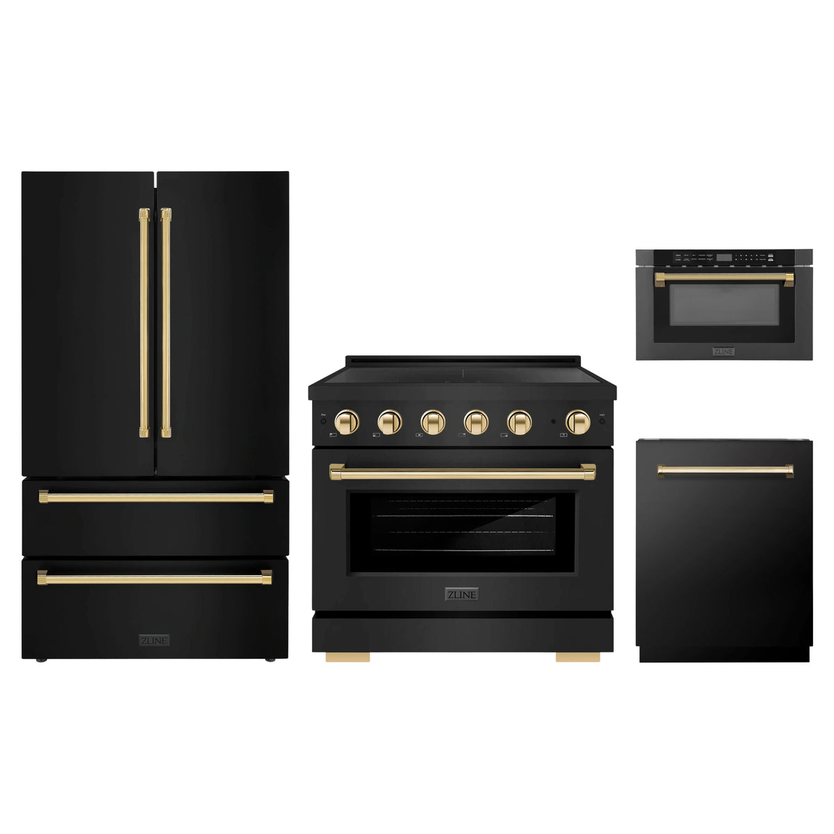 ZLINE 4-Piece Appliance Package - 36-Inch Paramount Induction Range, Refrigerator, Dishwasher, and 24-Inch Microwave Drawer in Black Stainless Steel with Gold Accents