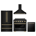 ZLINE 4-Piece Appliance Package - 36-Inch Autograph Edition Induction Range, Wall Mount Range Hood, 36-Inch French Door Refrigerator, and Dishwasher in Black Stainless Steel with Gold Trim