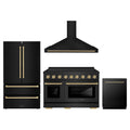 ZLINE 4-Piece Appliance Package - 48-Inch Autograph Edition Induction Range, Wall Mount Range Hood, 36-Inch French Door Refrigerator, and Dishwasher in Black Stainless Steel with Champagne Bronze Trim