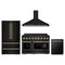 ZLINE 4-Piece Appliance Package - 48-Inch Autograph Edition Induction Range, Wall Mount Range Hood, 36-Inch French Door Refrigerator, and Dishwasher in Black Stainless Steel with Gold Trim