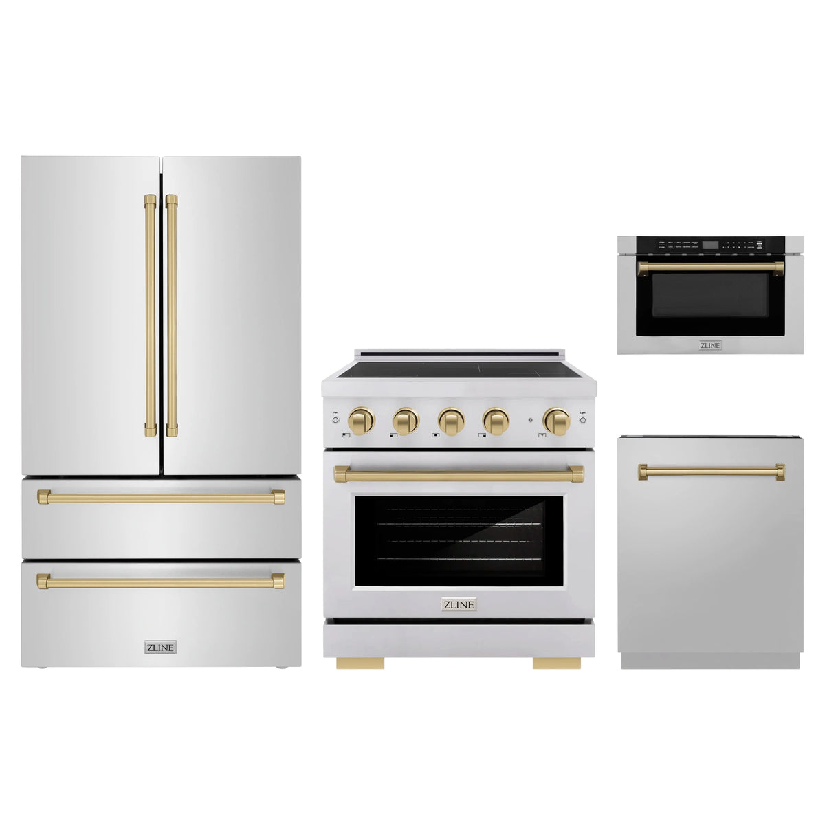 ZLINE 4-Piece Appliance Package - 30-Inch Paramount Induction Range, Refrigerator, Dishwasher, and 24-Inch Microwave Drawer in Stainless Steel with Champagne Bronze Accents