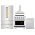 ZLINE 4-Piece Appliance Package - 30-Inch Autograph Edition Induction Range, Wall Mount Range Hood, 36-Inch French Door Refrigerator, and Dishwasher in Stainless Steel with Champagne Bronze Trim