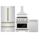 ZLINE 4-Piece Appliance Package - 30-Inch Autograph Edition Induction Range, Wall Mount Range Hood, 36-Inch French Door Refrigerator, and Dishwasher in Stainless Steel with Champagne Bronze Trim