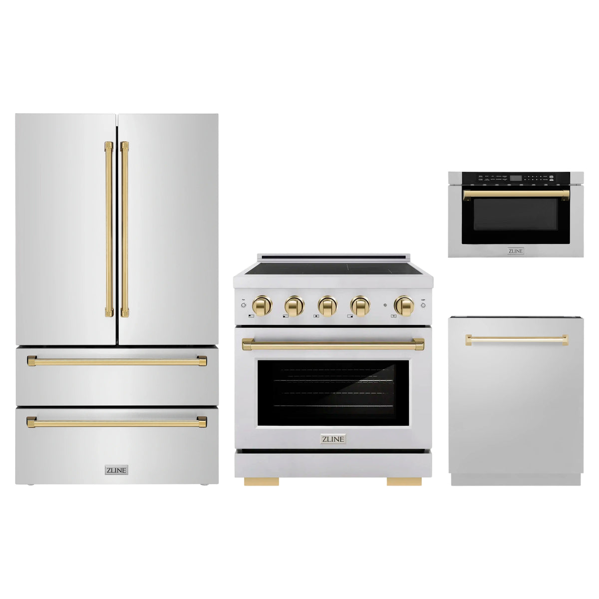 ZLINE 4-Piece Appliance Package - 30-Inch Paramount Induction Range, Refrigerator, Dishwasher, and 24-Inch Microwave Drawer in Stainless Steel with Gold Accents