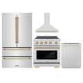 ZLINE 4-Piece Appliance Package - 30-Inch Autograph Edition Induction Range, Wall Mount Range Hood, 36-Inch French Door Refrigerator, and Dishwasher in Stainless Steel with Gold Trim