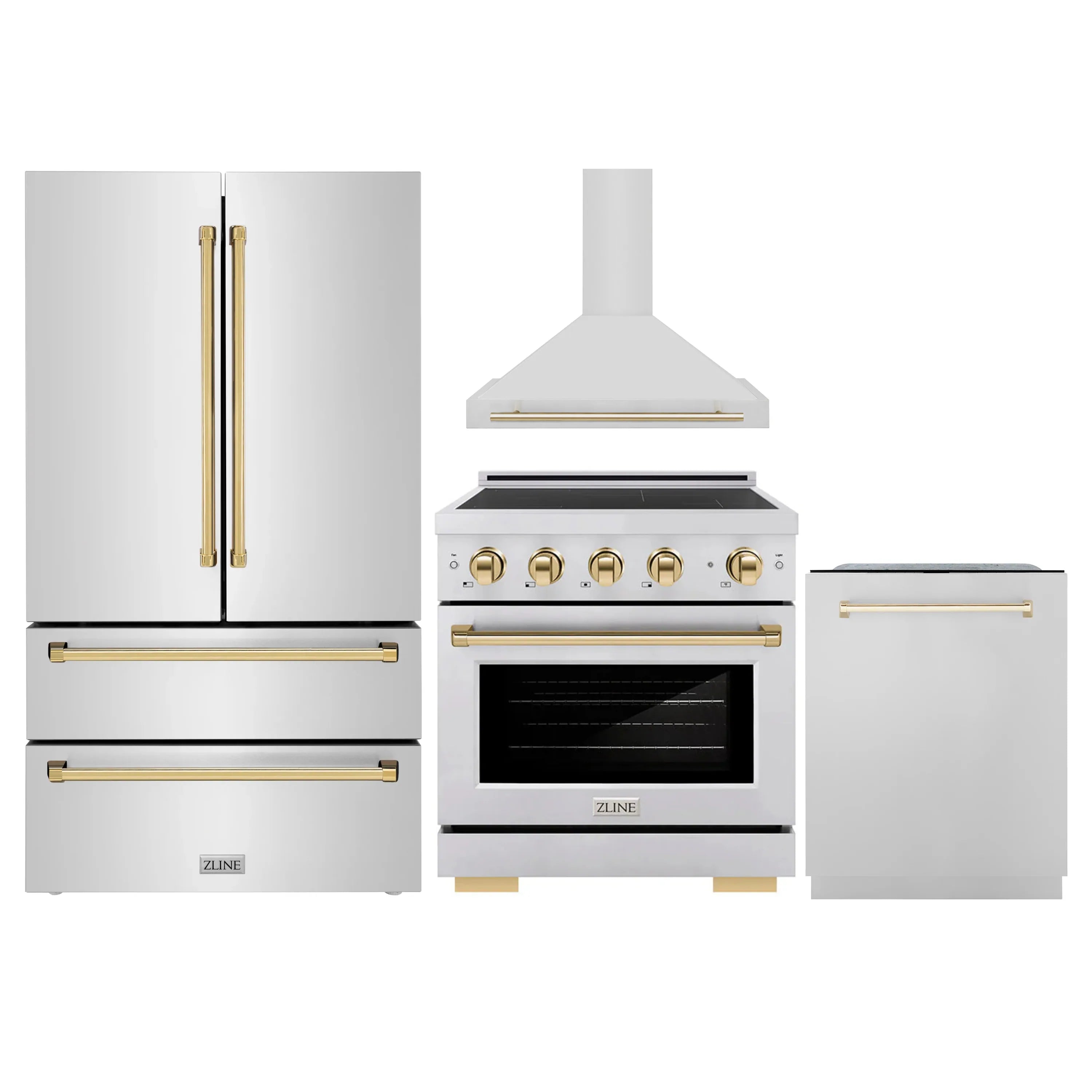 Stainless appliance set with gold trim: fridge, range, hood, dishwasher