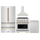 ZLINE 4-Piece Appliance Package - 36-Inch Autograph Edition Induction Range, Wall Mount Range Hood, 36-Inch French Door Refrigerator, and Dishwasher in Stainless Steel with Gold Trim