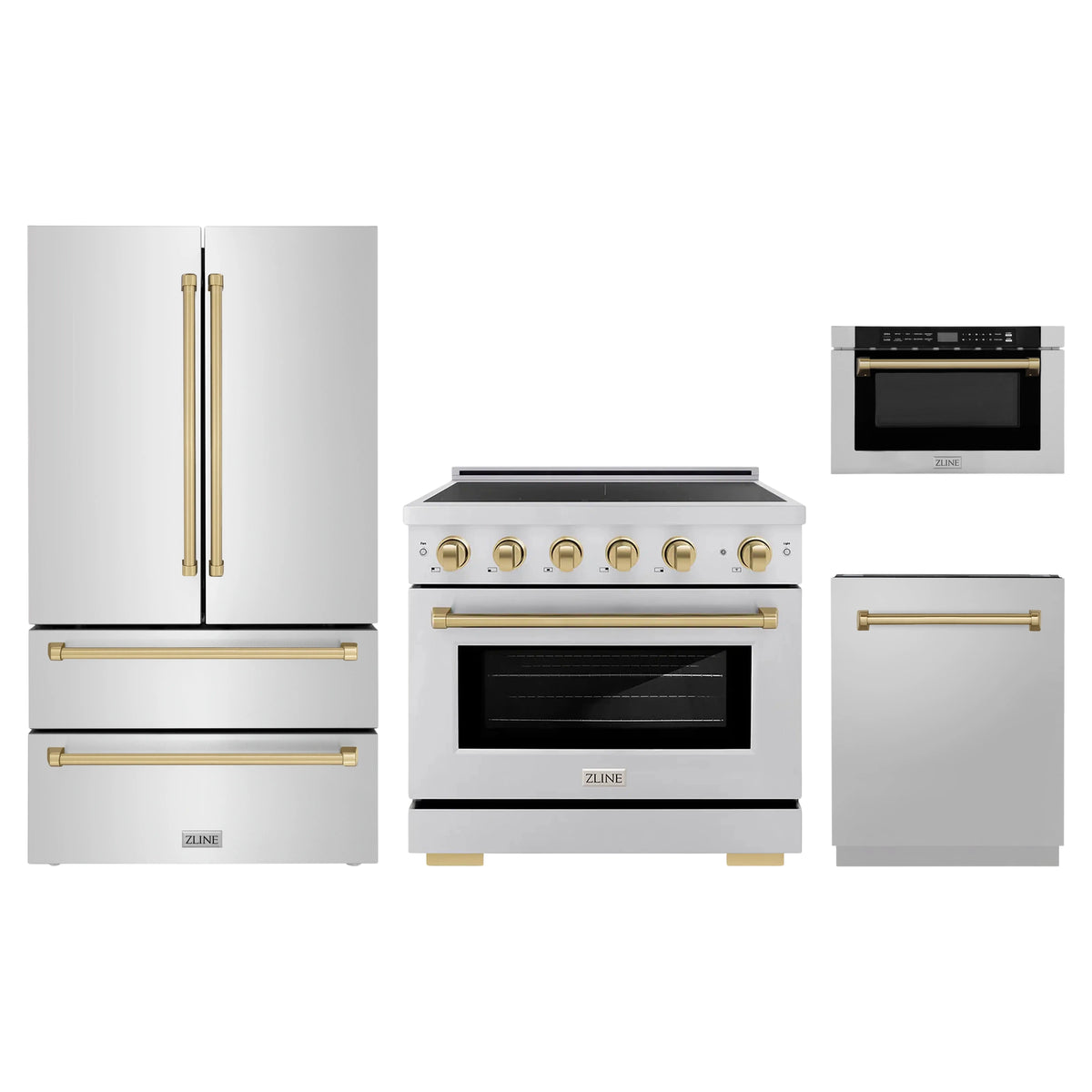 ZLINE 4-Piece Appliance Package - 36-Inch Paramount Induction Range, Refrigerator, Dishwasher, and 24-Inch Microwave Drawer in Stainless Steel with Champagne Bronze Accents