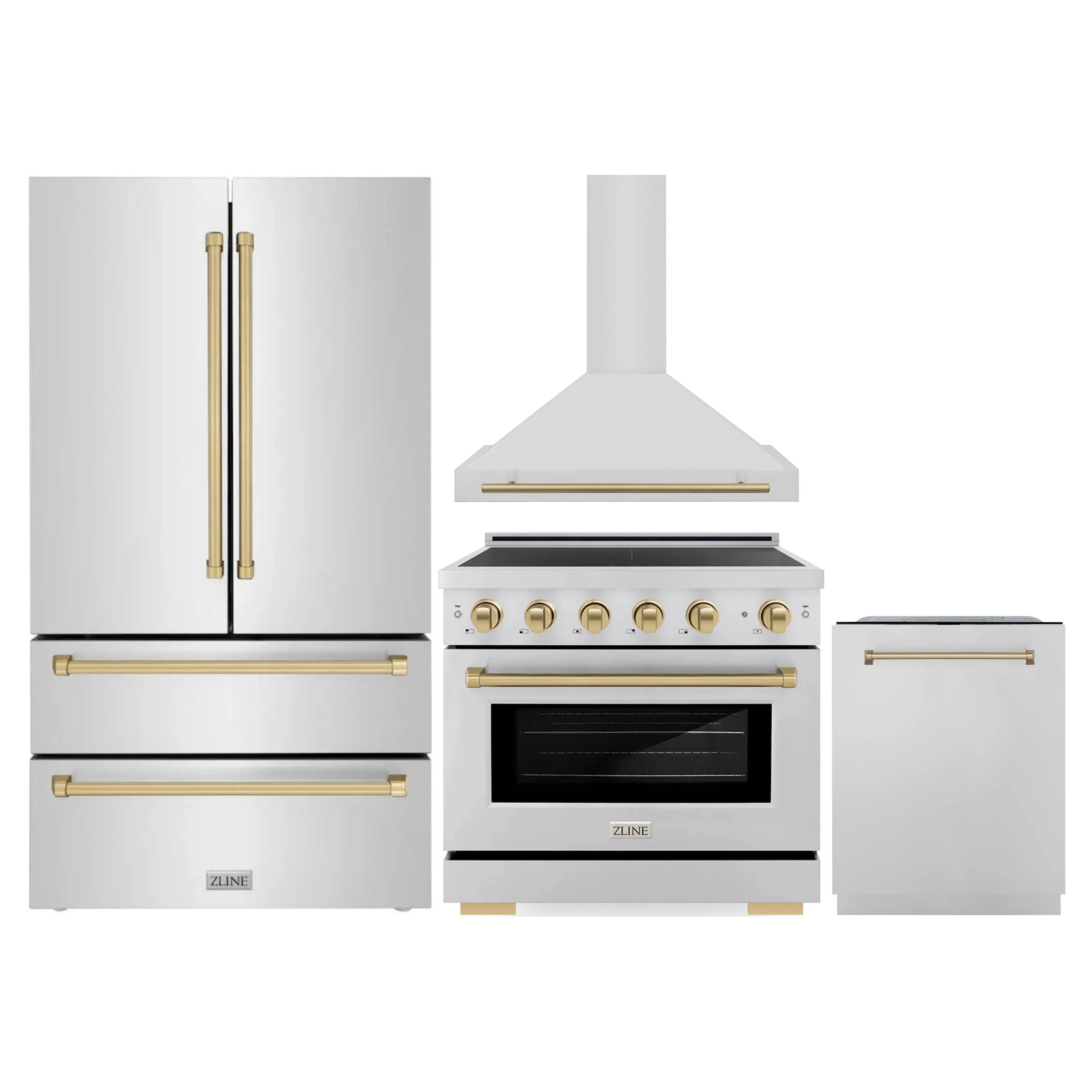 Stainless kitchen appliance set with French-door refrigerator, induction range, and wall hood