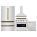 ZLINE 4-Piece Appliance Package - 30-Inch Autograph Edition Induction Range, Wall Mount Range Hood, 36-Inch French Door Refrigerator, and Dishwasher in Stainless Steel with Champagne Bronze Trim